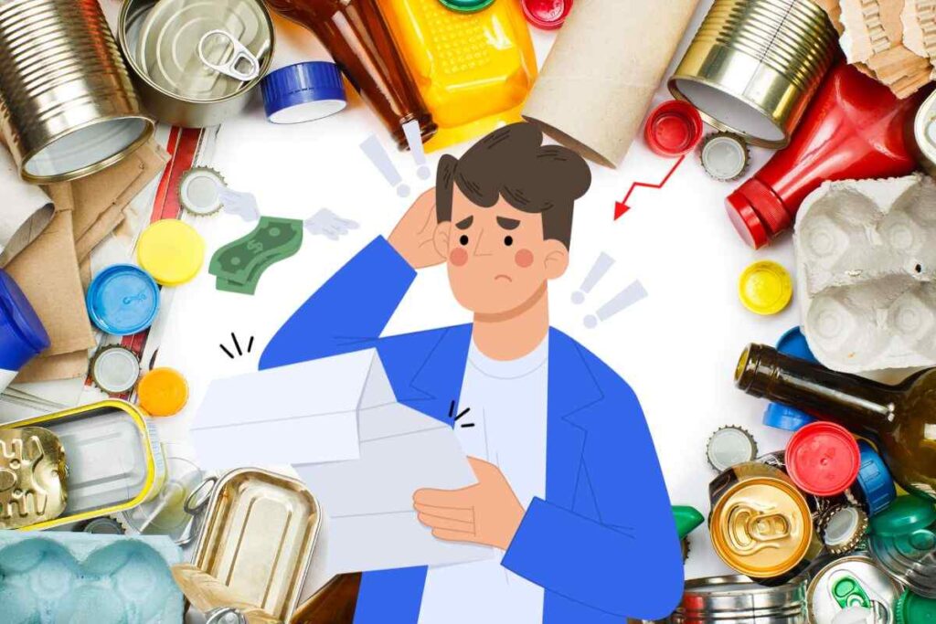 spazzatura e grafica di uomo confuso con documento e soldi che volano