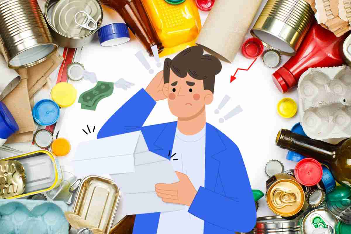 spazzatura e grafica di uomo confuso con documento e soldi che volano