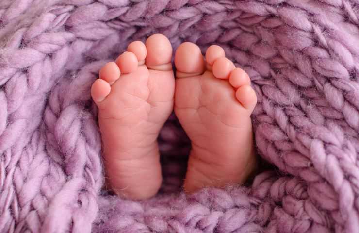 Piedini di un neonato e coperta viola