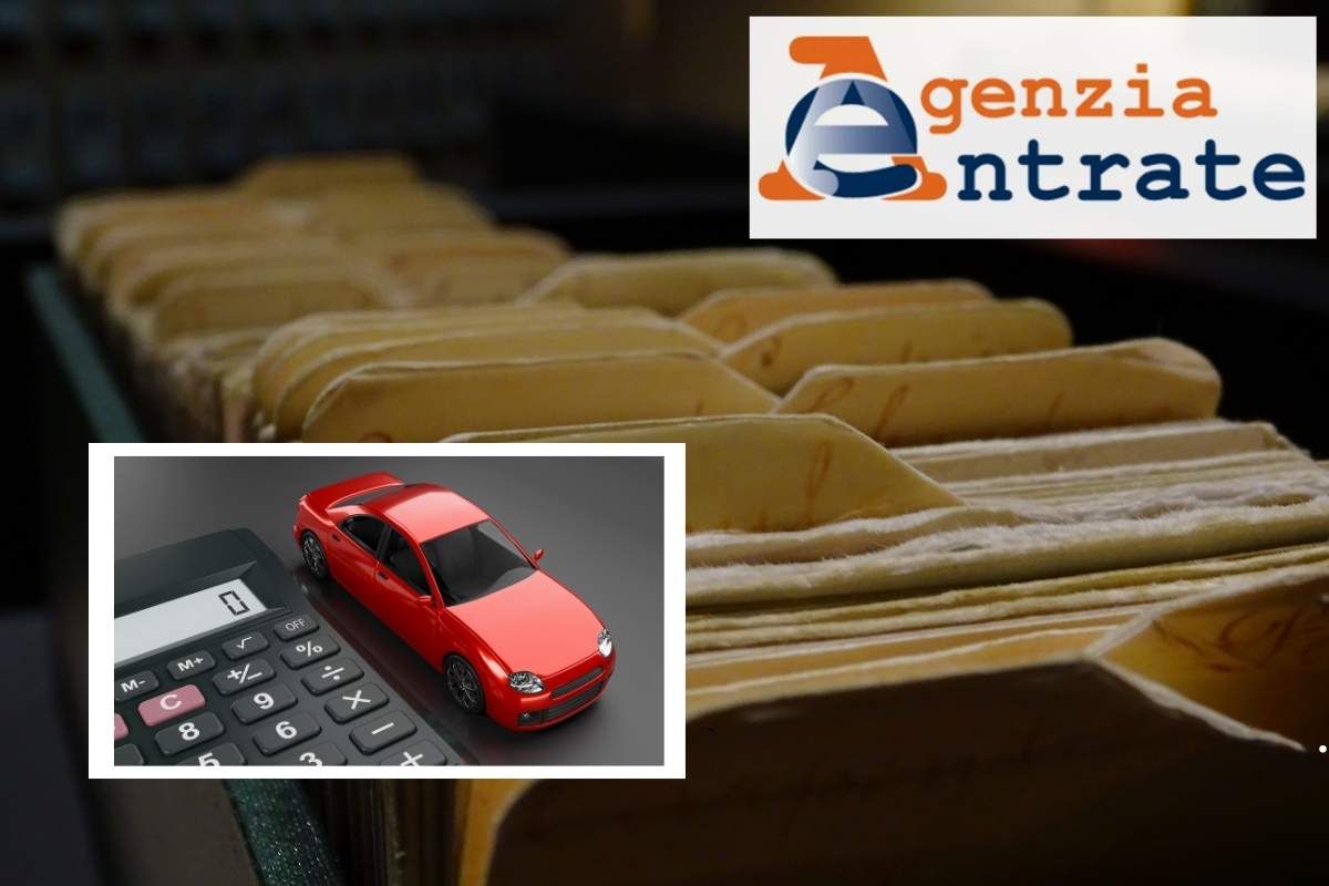 logo agenzia entrate, modellino auto calclolatrice