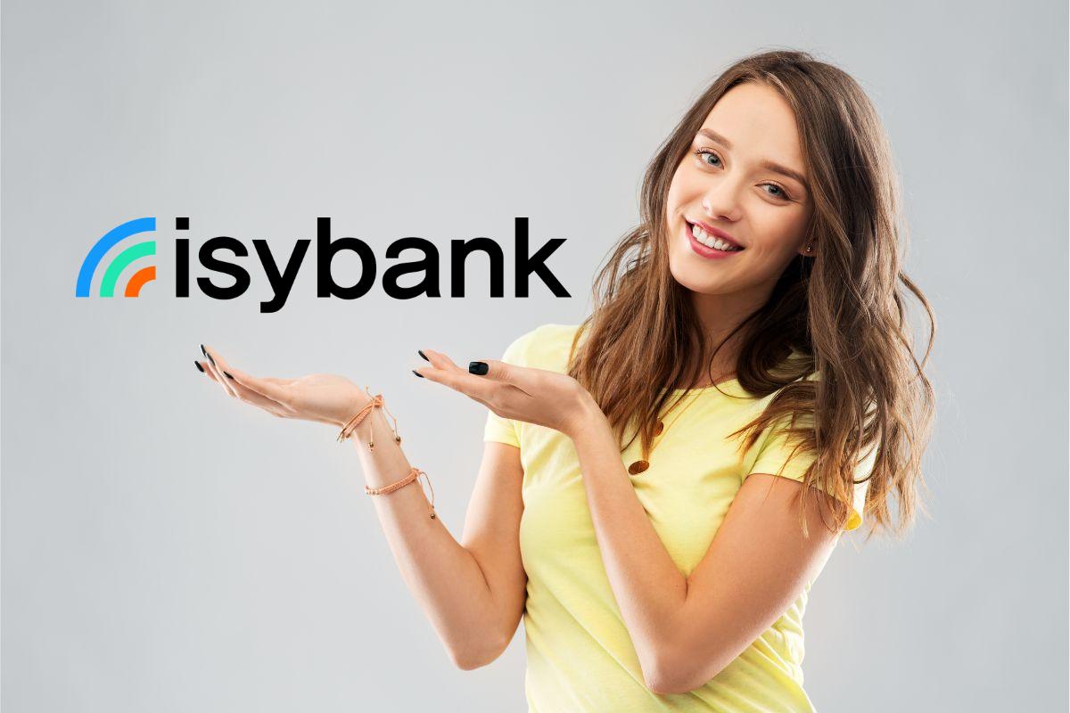 ragazza contenta sostiene scritta isybank